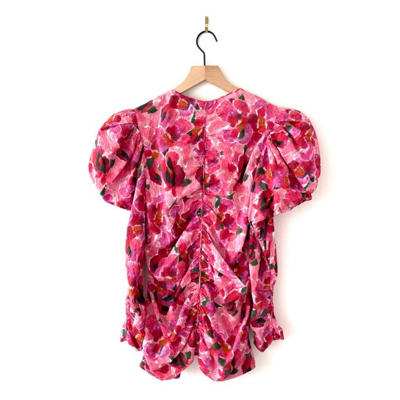 Isabel Marant Mirnao Floral Puff Sleeve Silk Blend Ruched Top Pink Size 8 NWT - Picture 8 of 12